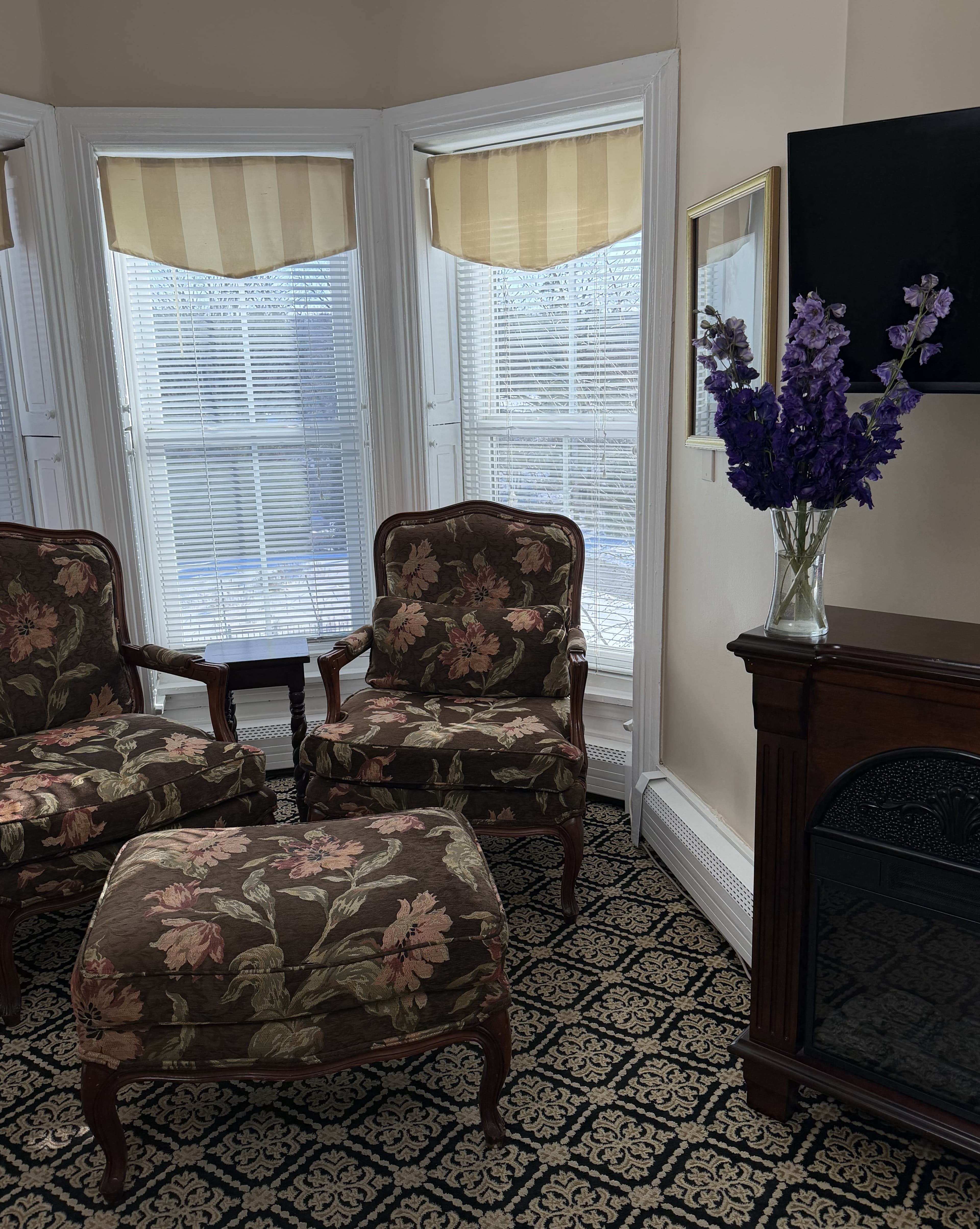 View of bay windows with sitting are, electric fireplace & TV