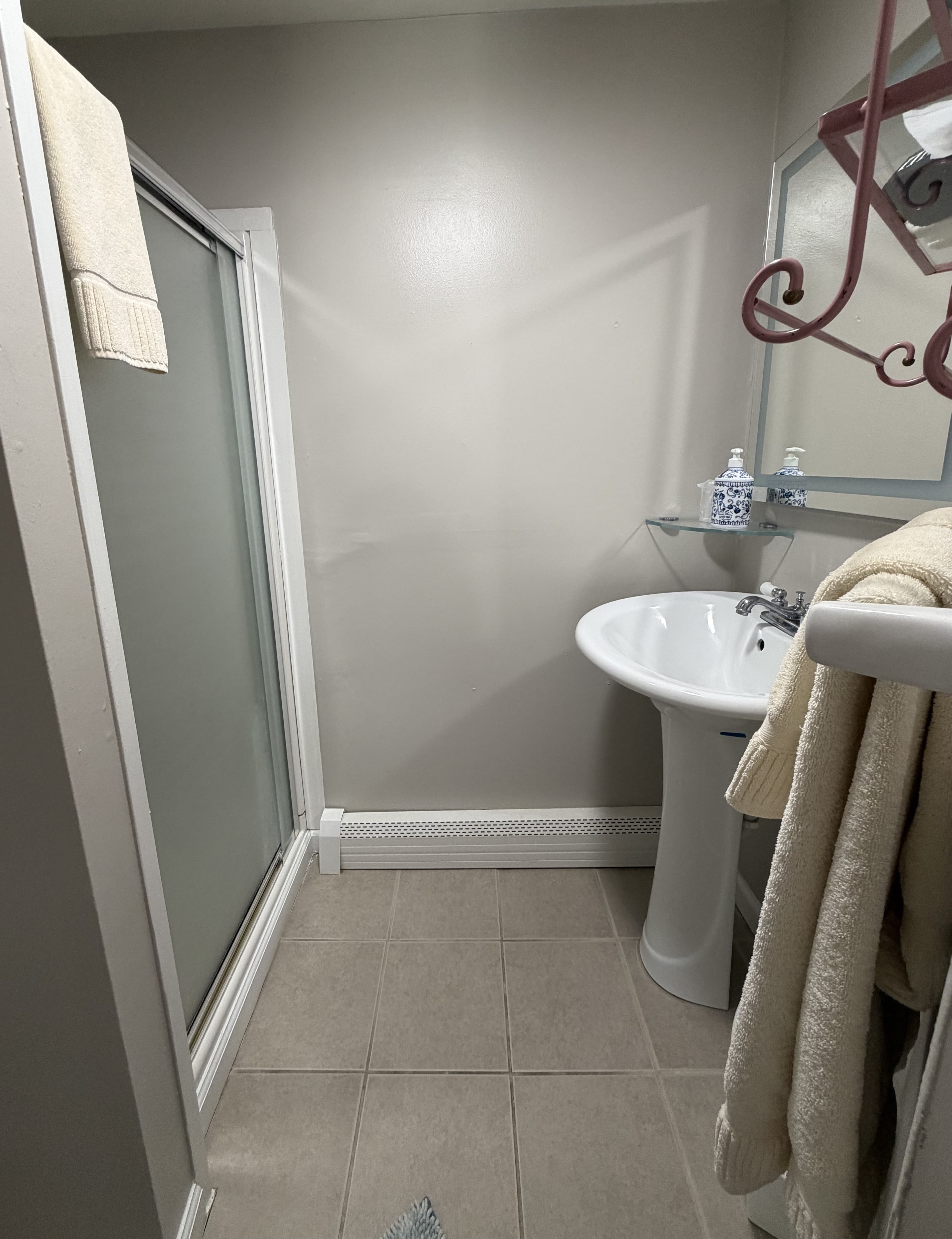 View of bathroom with glass door shower