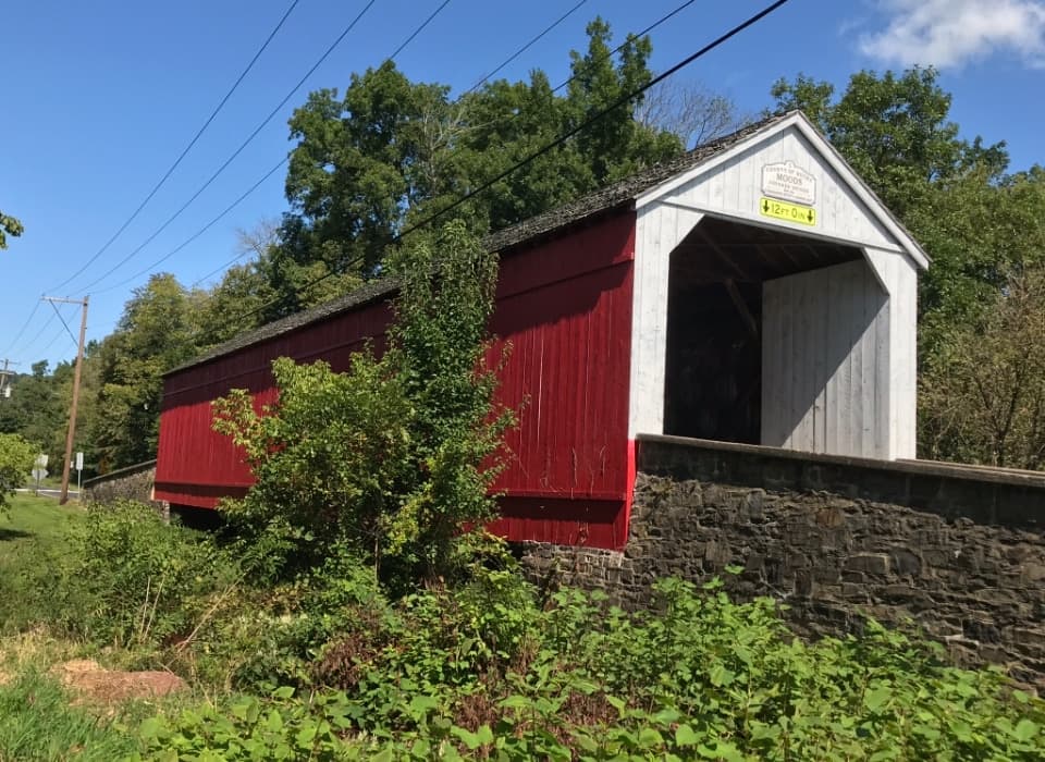 A red covered bridge surrounded by greenery and blue skies.