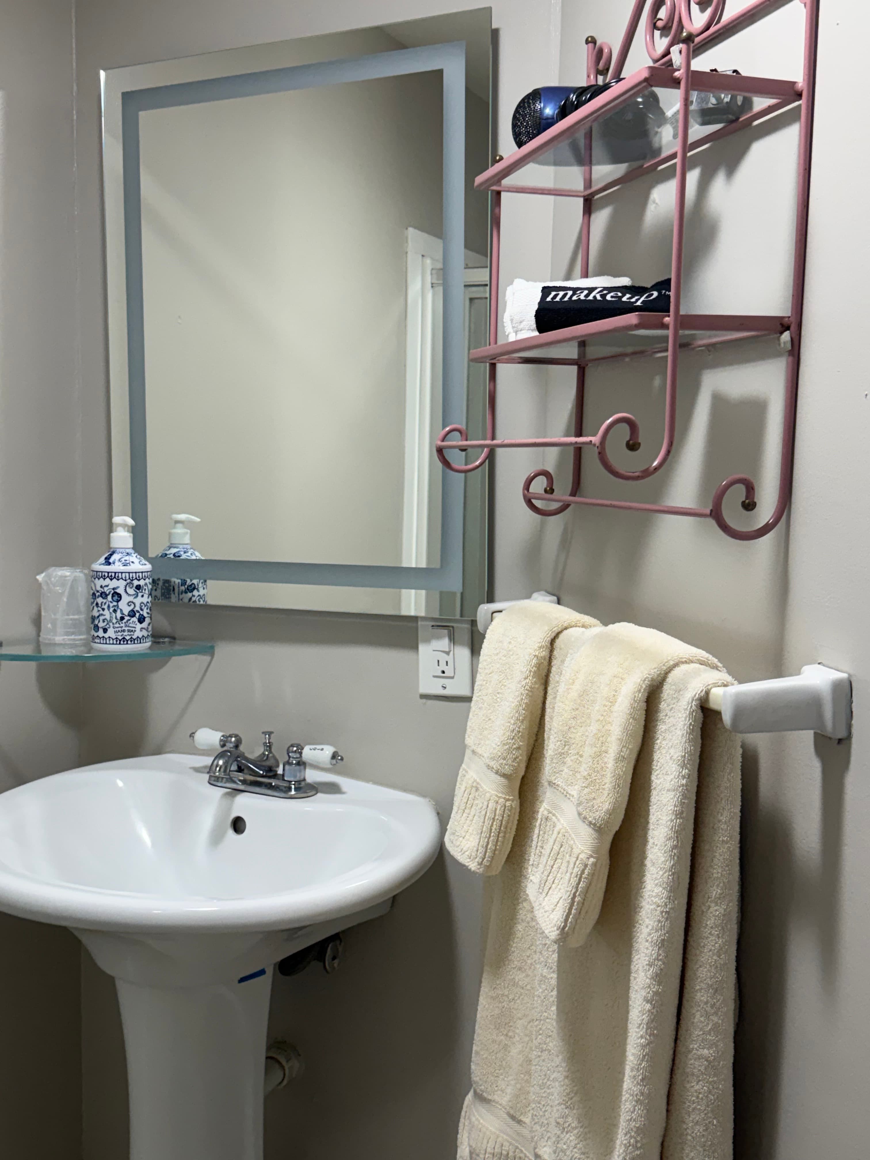 View of bathroom with pedestal sink & mirror