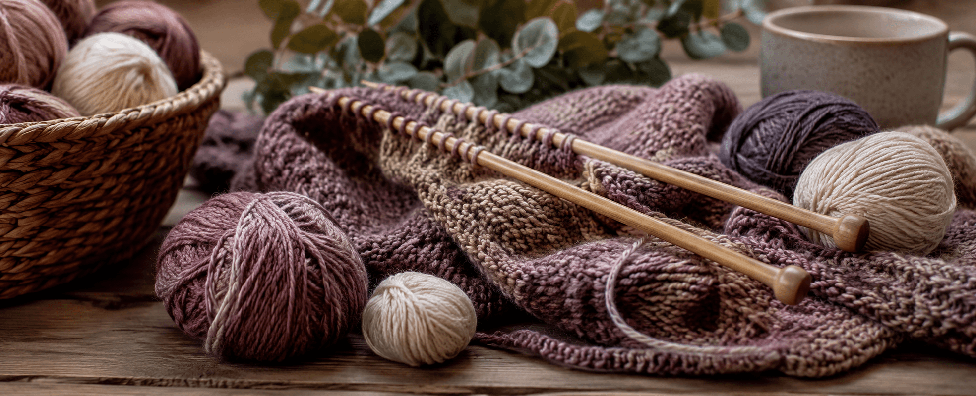 A cozy knitting setup featuring colorful yarn balls, wooden needles, and a cup of coffee on a textured blanket.