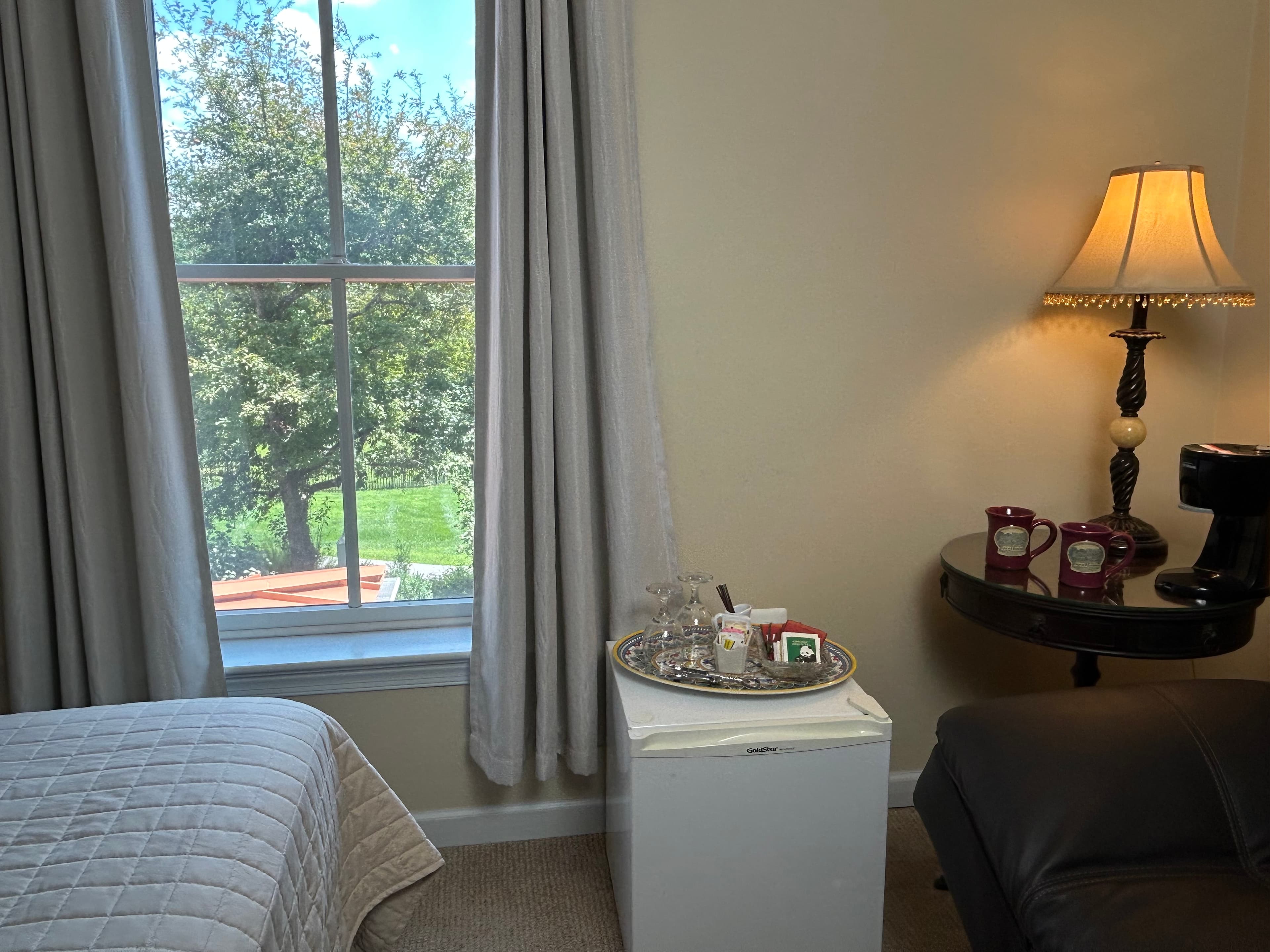 View of window from king size bed with mini fridge, amenities, side table & lamp