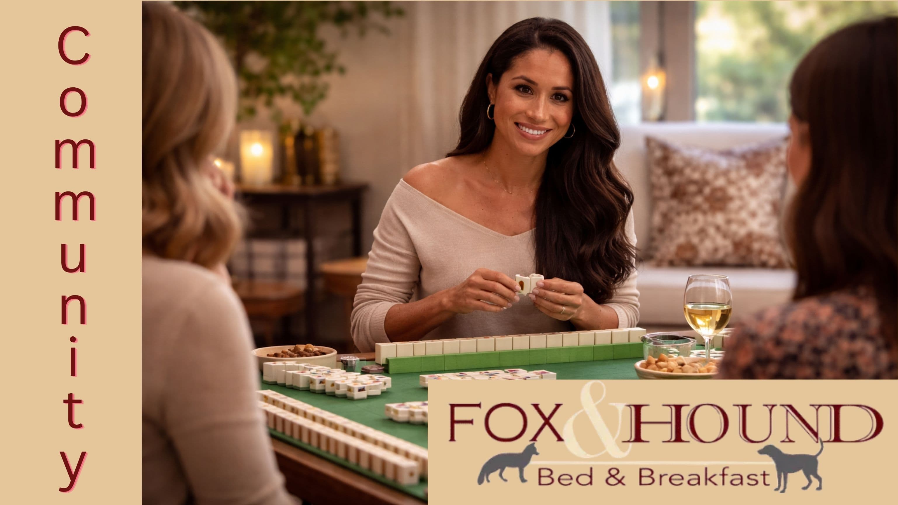 A woman with long hair smiles while playing a game at a cozy bed and breakfast.
