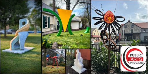 A collage of public art sculptures, featuring various styles and materials in outdoor settings.