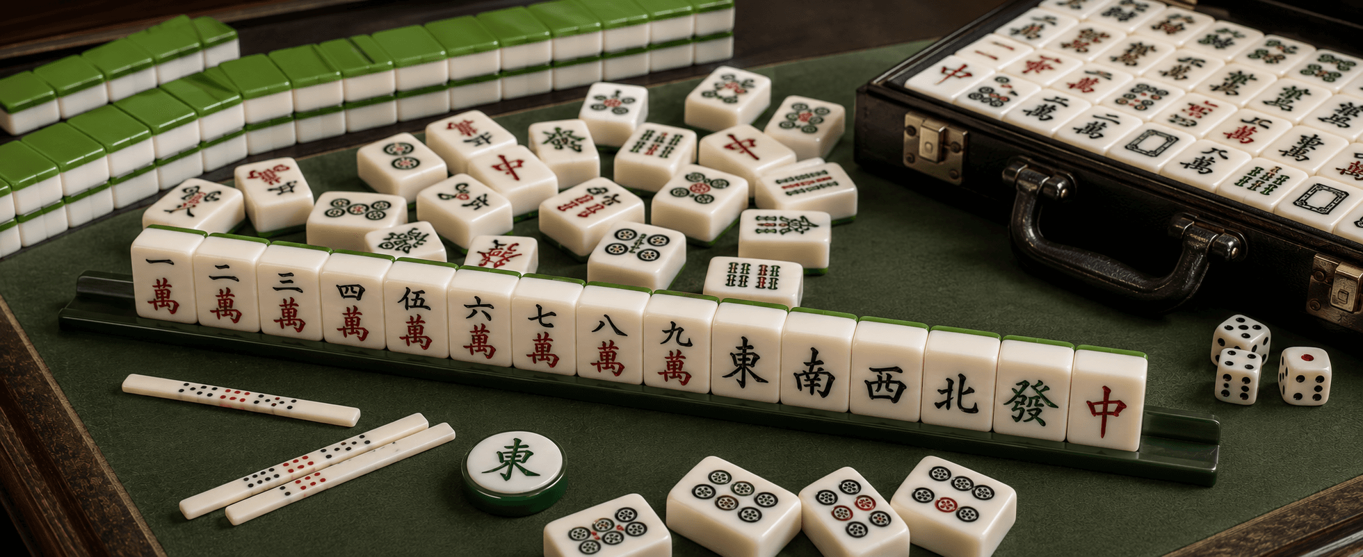 A collection of colorful mahjong tiles and accessories displayed on a green felt surface.