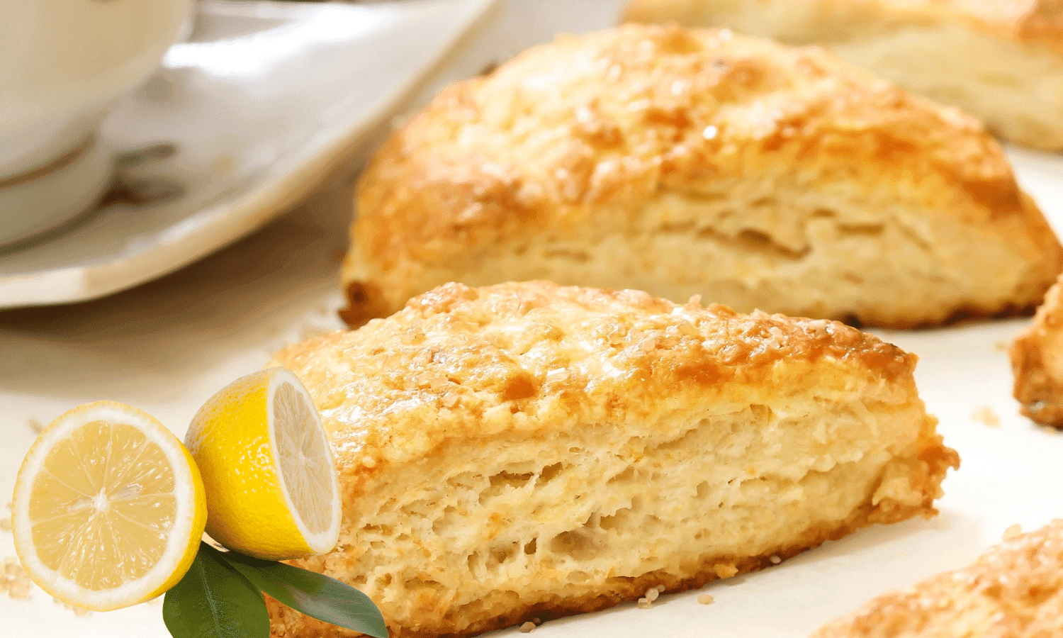 Golden-brown scones with a lemon wedge and green leaves beside them. Golden-brown scones with a lemon wedge and green leaves beside them.