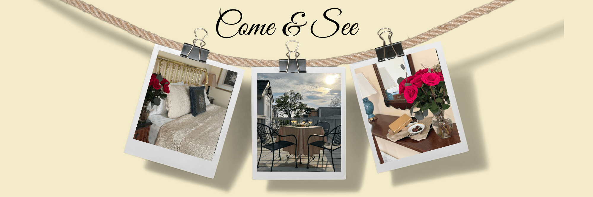 View of king bed with brass headboard, sumptuous bedding & a boquet of roses on the night stand