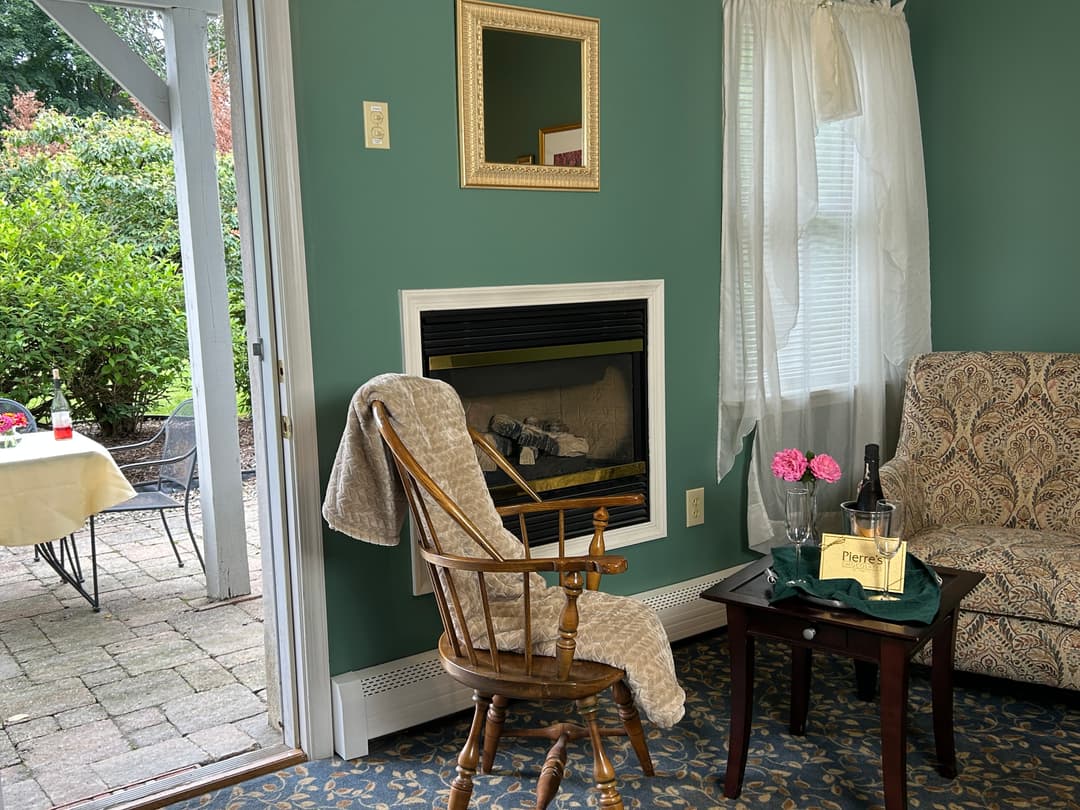 View of Hummingbird Room with patio door open to the back garden