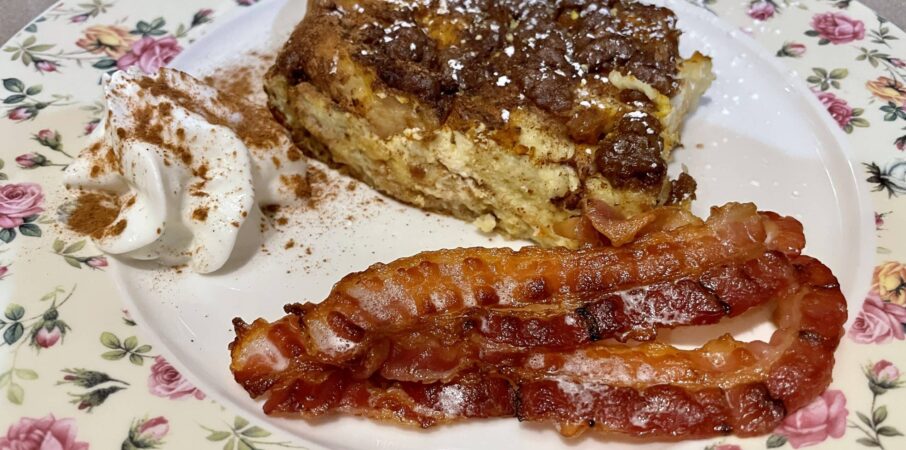 Quick Pic of Pumpkin pie French Toast on a plate with Bacon and whipped cream